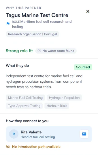 Subalta organization profile: Tagus Marine Test Centre, for the role maritime fuel cell research and testing, research organisation in Portugal. Strong role fit, no warm route found. What they do, sourced: independent test centre for marine fuel cell and hydrogen propulsion systems, from component bench tests to harbour trials. Marine fuel cell testing, hydrogen propulsion, type-approval testing, harbour trials. How they connect to you: Rita Valente, head of fuel cell testing. No introduction path available.